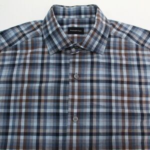 Ermenegildo Zegna Spread Collar Cotton Blue Muti Plaid Button Down Shirt, Medium